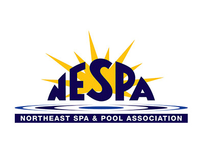 NESPA logo with a yellow sunburst behind bold navy letters, a blue water ripple, and a ribbon reading 'NORTHEAST SPA & POOL ASSOCIATION'