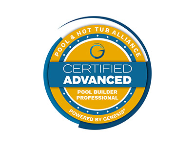 Circular badge reading 'Certified Advanced Pool Builder Professional', powered by Genesis, from Pool & Hot Tub Alliance.