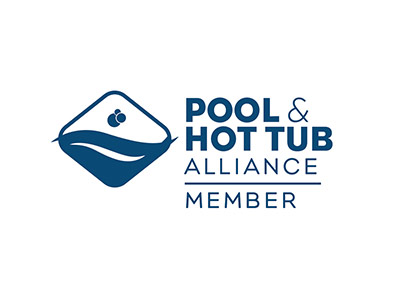 Blue diamond-shaped emblem with a wave motif and bubbles, beside the text 'Pool & Hot Tub Alliance Member' indicating a member logo.