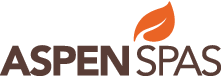 Aspen Spas logo: brown wordmark with an orange leaf icon.