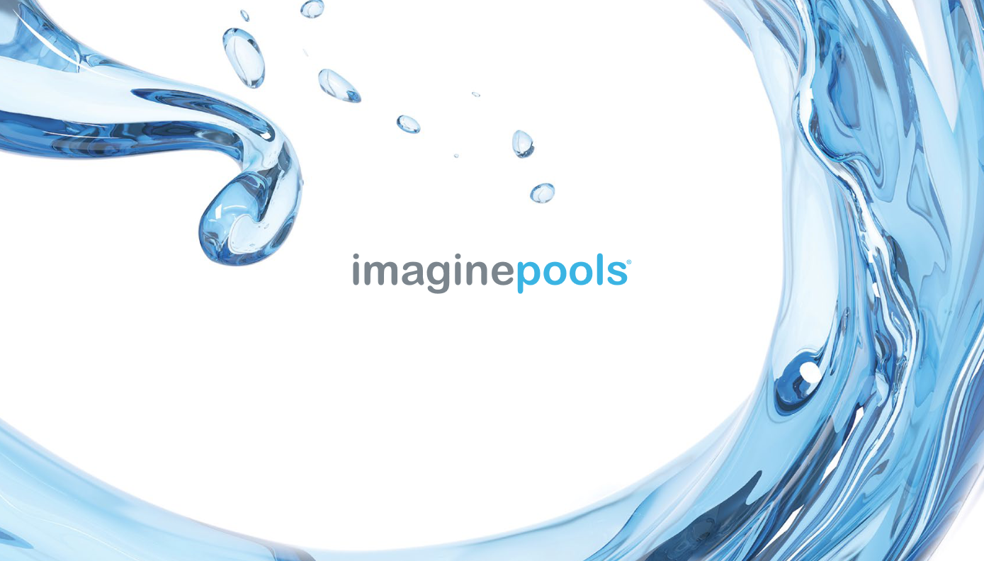 ImaginePools logo centered with blue water splashes framing a white background