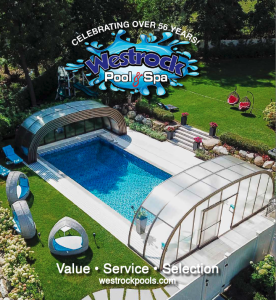Aerial view of a backyard pool with curved glass enclosures, blue water, white deck, and green lawn; Westrock Pool & Spa branding overhead.