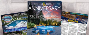 Collage of home and pool magazines: central 'House & Home' Anniversary Edition over a backyard pool landscape, flanked by spa/pool magazines.