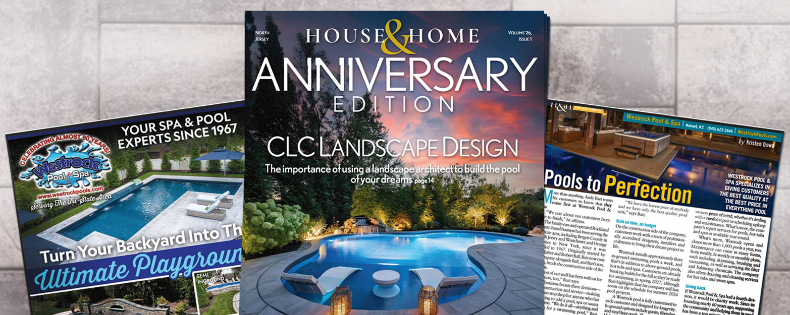 Collage of home and pool magazines: central 'House & Home' Anniversary Edition over a backyard pool landscape, flanked by spa/pool magazines.