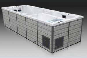 White rectangular hot tub with a white interior, wood-toned exterior panels, and multiple seating jets visible inside.