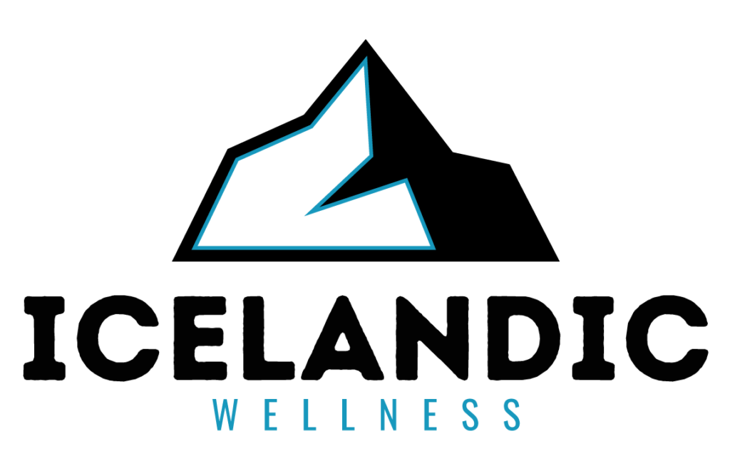 Icelandic Wellness logo: a blue-outlined abstract geometric shape above the outlined wordmark 'ICELANDIC' with 'WELLNESS' in blue below.