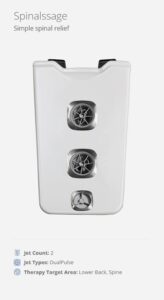 White medical device for spinal relief with vertical jet outlets; labeled Jet Count: 2, DualPulse therapy, targets lower back and spine