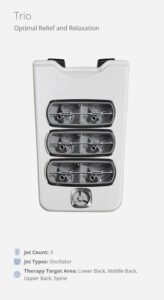 White Trio back therapy device with three stacked jet chambers and a round control at the bottom, labeled for relief and relaxation.