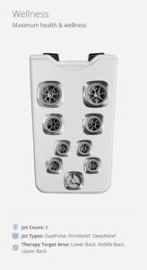White wellness device featuring eight circular jet nozzles arranged on a panel, designed for hydrotherapy; targets the lower back, middle back, and upper back for jet relief.