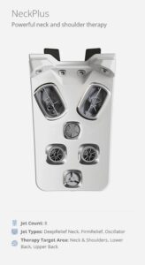 NeckPlus therapy device for neck and shoulders, white rectangular unit with multiple air compression ports.