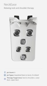 NeckEase therapy device with eight jet ports, a white rectangular unit on a light background with the title 'NeckEase: Relaxing neck and shoulder therapy'.