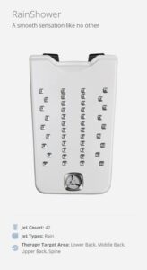 RainShower white shower panel with 42 jet outlets and a circular control at the bottom; wall-mounted bathroom fixture for rainfall-like massage.
