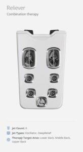 White back-therapy device with six jet ports arranged in two columns for combination therapy targeting the upper, middle, and lower back.