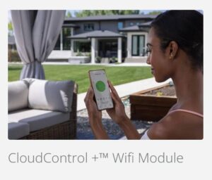 Woman outdoors holding a smartphone showing a green circular indicator, with 'CloudControl + Wifi Module' branding visible below the image.