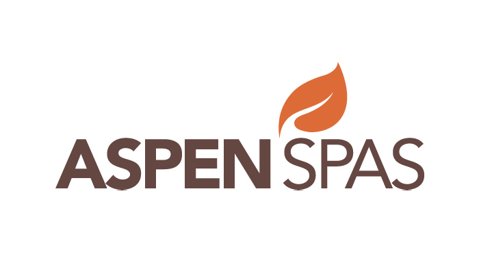 Aspen Spas logo with brown wordmark and an orange leaf/flame icon above the letters.