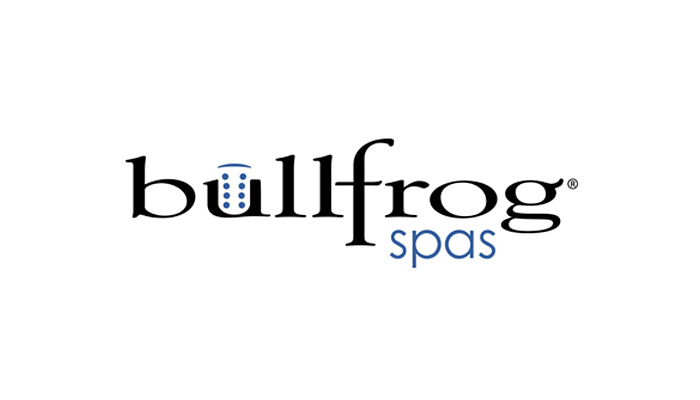 Bullfrog Spas brand logo, with 'bullfrog' in black and 'spas' in blue below, featuring a blue dotted element in the 'u' area.