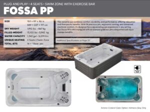 Four-seat Fossa PP swim spa with exercise bar, shown from multiple angles against a sunset backdrop, with a specs panel on the left.