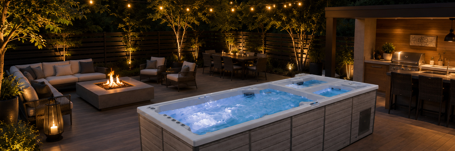 Night outdoor living space with a large illuminated hot tub, fire pit, string lights, and seating around a wooden deck.