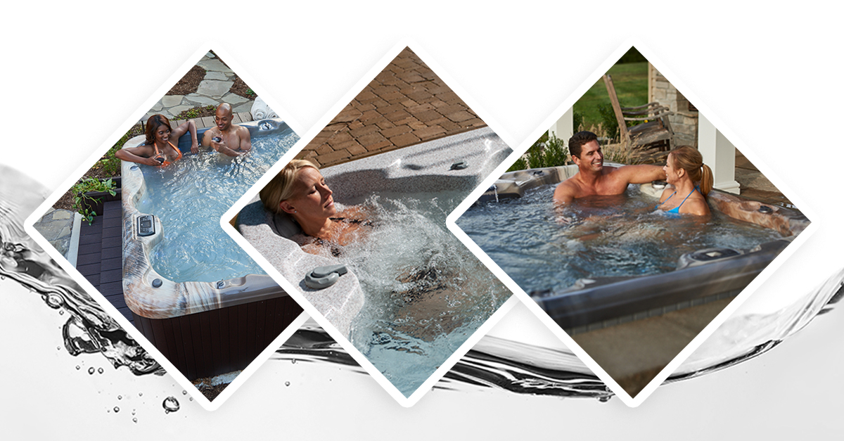 Four diamond-shaped hot tubs in a collage with adults relaxing and chatting in warm water outside on a sunny day.