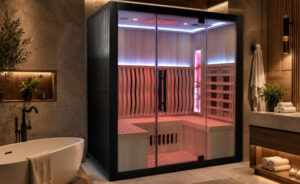 Glass-front sauna in a modern bathroom with wooden benches and warm interior lighting on the walls and ceiling.